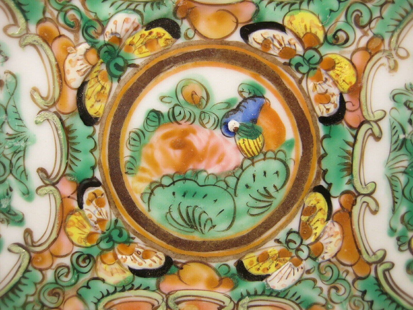 Vintage Chinese Ceramic Hand Painted Plate Dish Pink Green Birds & Flowers 5"