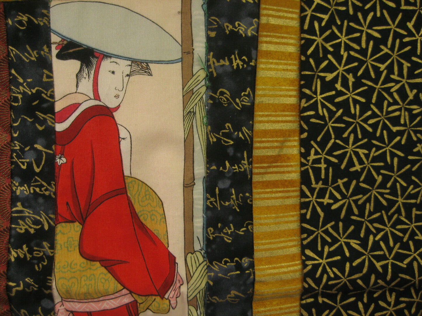 Vintage Japanese Signed Printed Cotton Stitched Quilt Geisha Design 23 X 18"