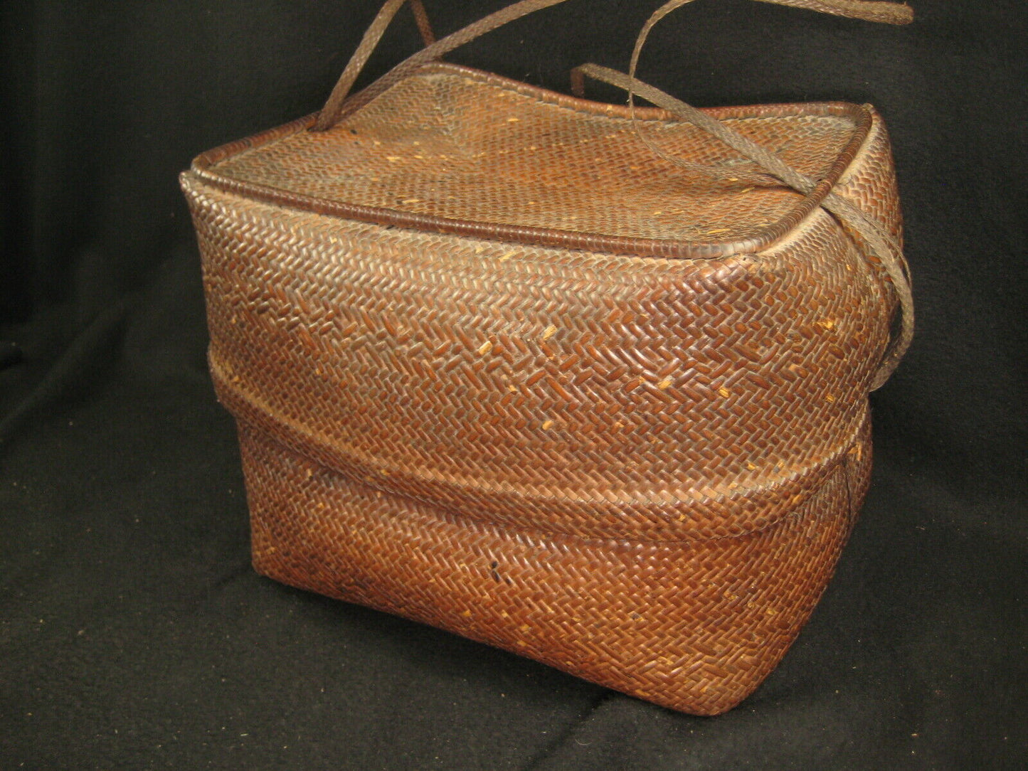 Antique Japanese Chinese Showa Era (C. 1930) Bamboo Lidded Bag Kago Basket