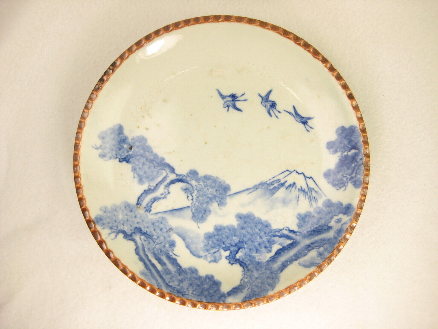 Antique c1900 Meiji Era Japanese Ceramic Imari Plate Cranes Pine & Mt Fuji