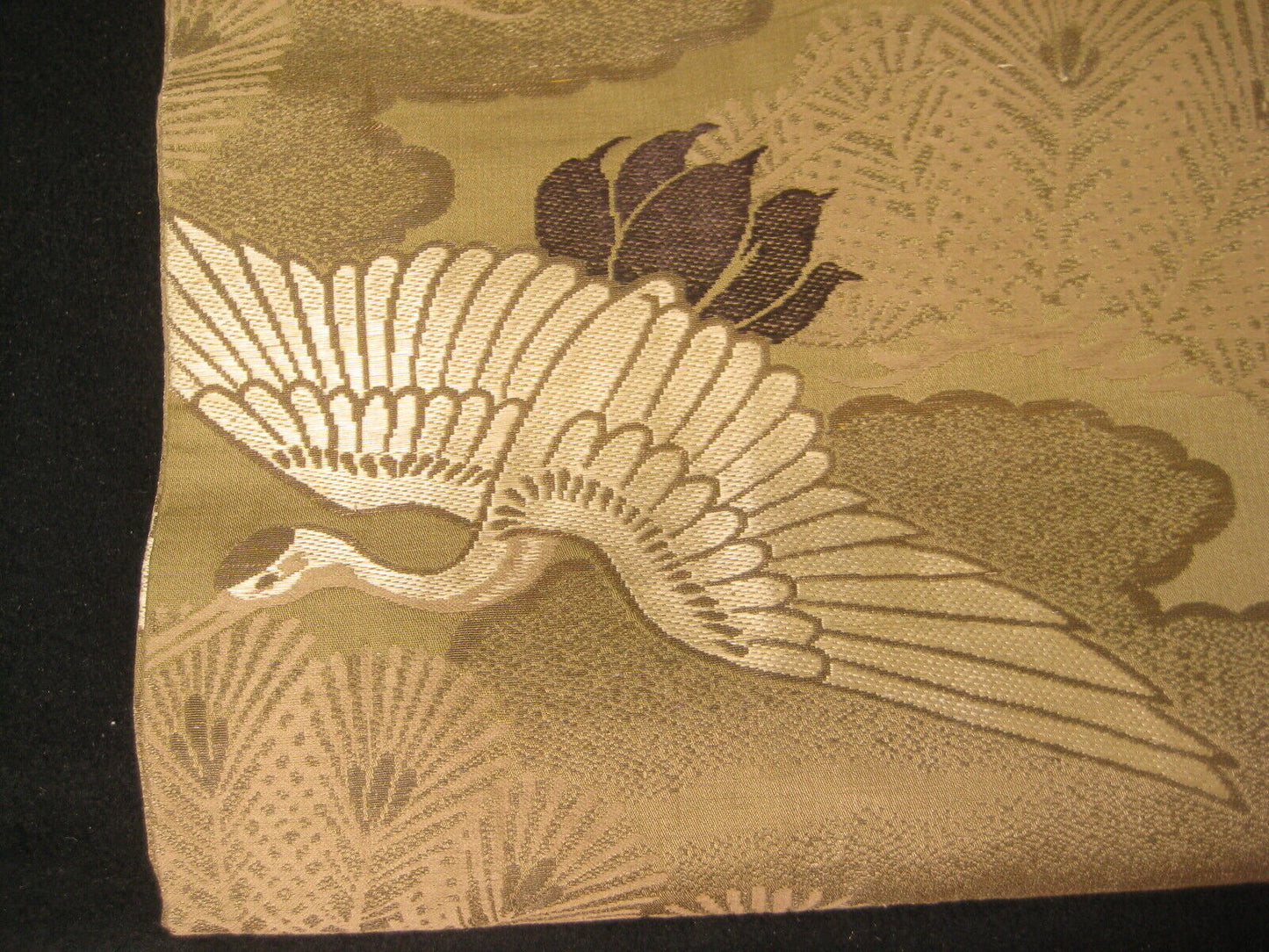 Japanese Green Obi Sash For Kimono Cranes Plum Pine Chrysanthemum Flowers