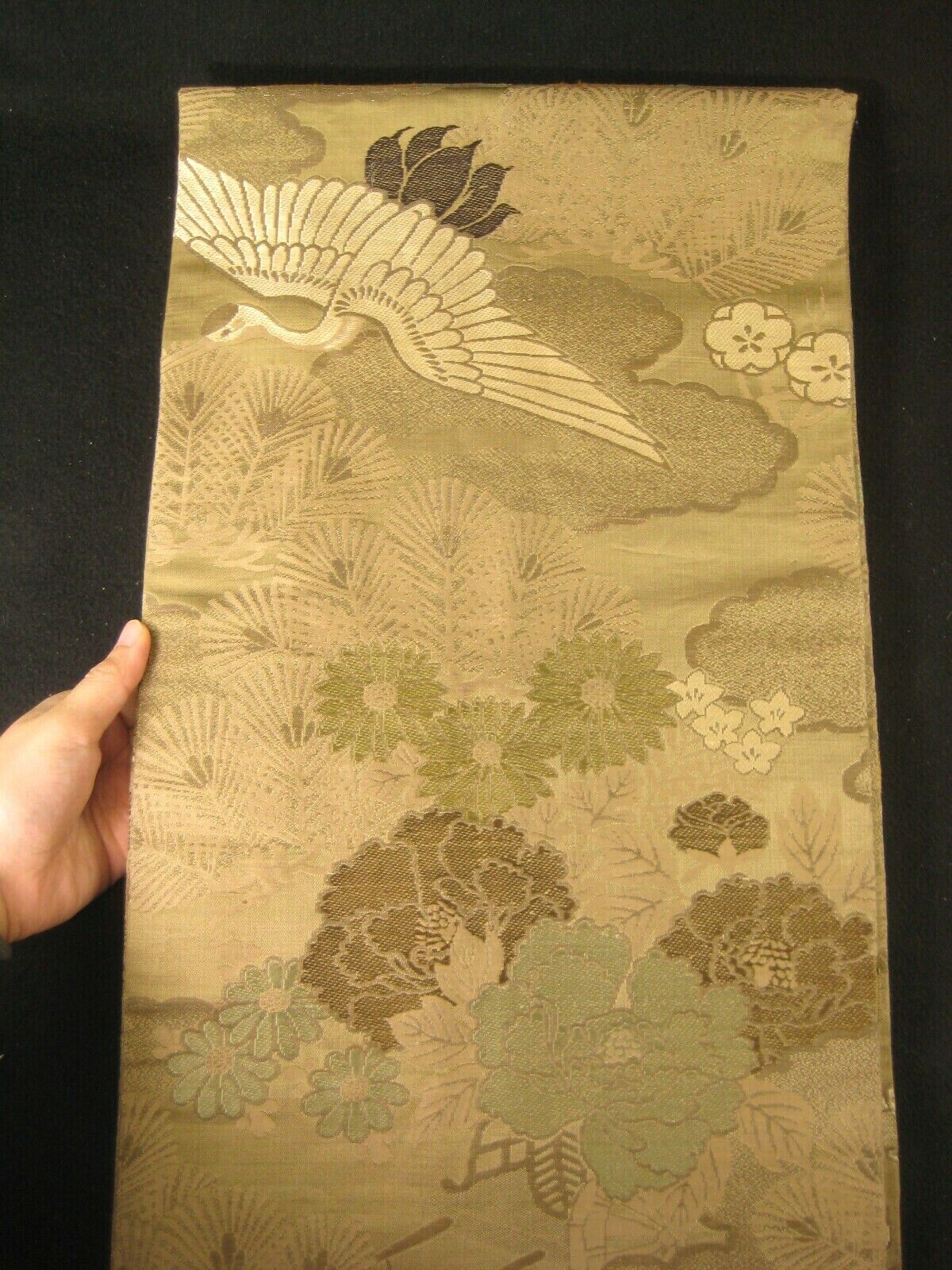 Japanese Green Obi Sash For Kimono Cranes Plum Pine Chrysanthemum Flowers