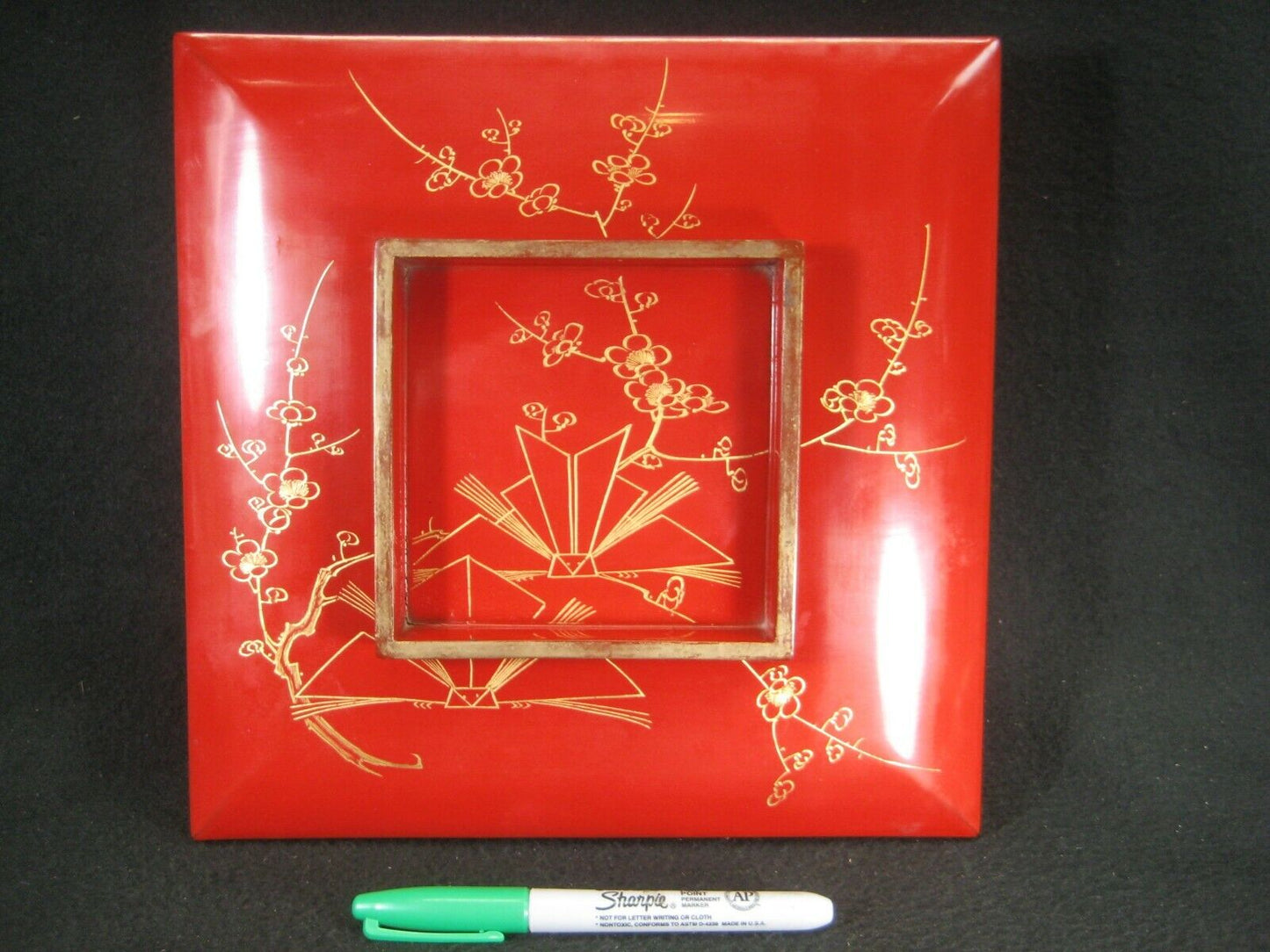 Antique Japanese Taisho Era Red Square Lacquered Lidded Bento Lunch Box 9"