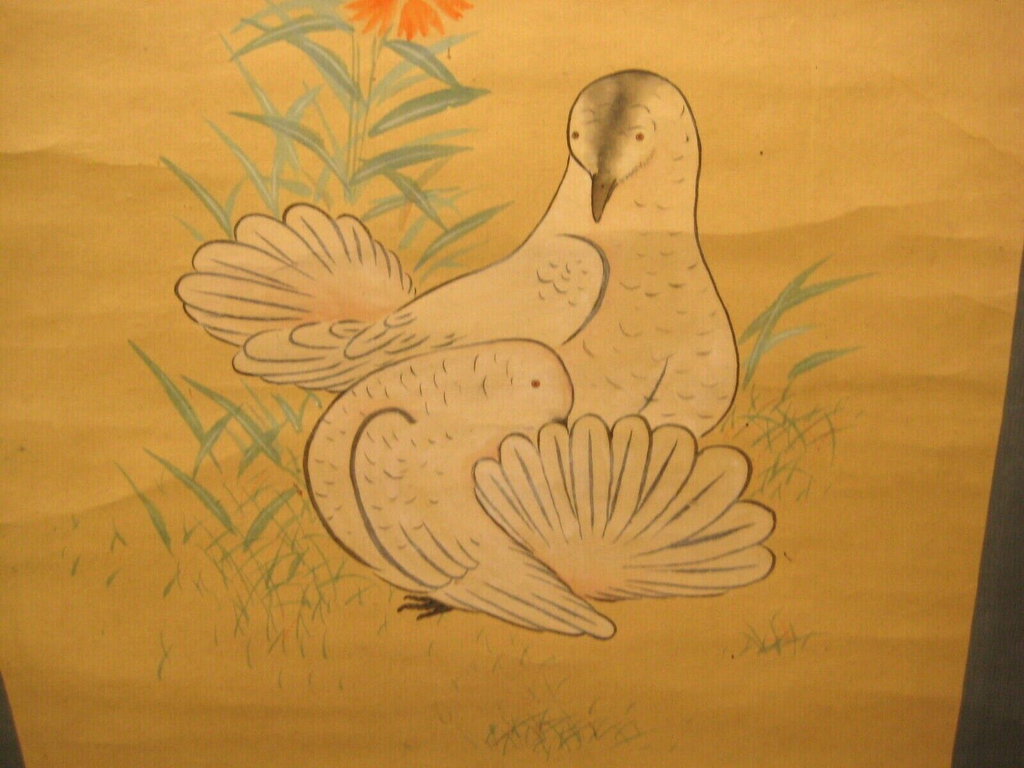 Antique Japanese Meiji Era Scroll Hand Painted Dove With Flower & Butterfly 48"