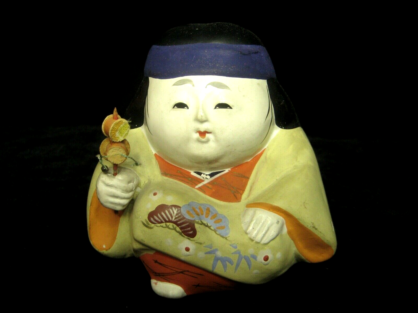 Vintage Japanese Hakata All Hand Painted Doll Ceramic Kimono Pine & Bamboo 4"H
