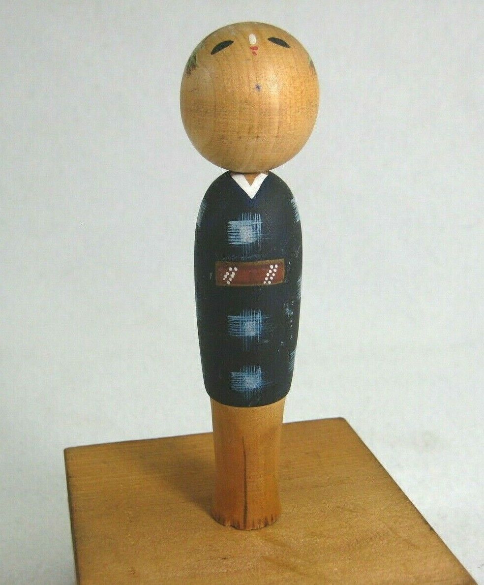 Vintage Japanese Showa Era (C.1940) Wooden Kokeshi Doll Blue Ikat Kimono 4 1/2"
