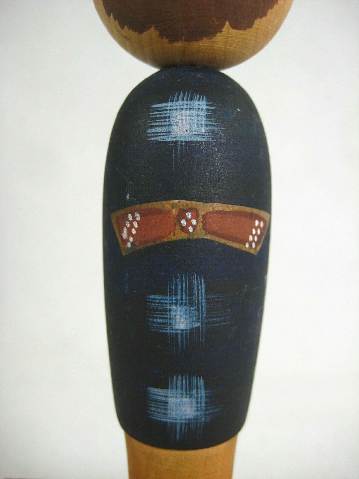 Vintage Japanese Showa Era (C.1940) Wooden Kokeshi Doll Blue Ikat Kimono 4 1/2"