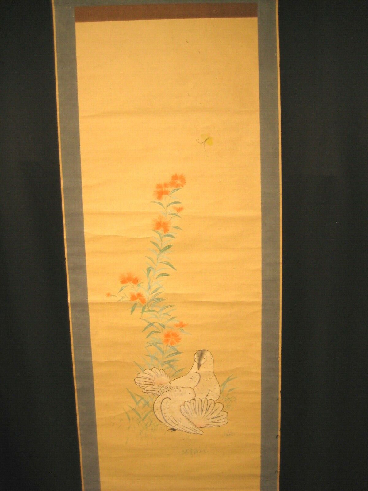 Antique Japanese Meiji Era Scroll Hand Painted Dove With Flower & Butterfly 48"
