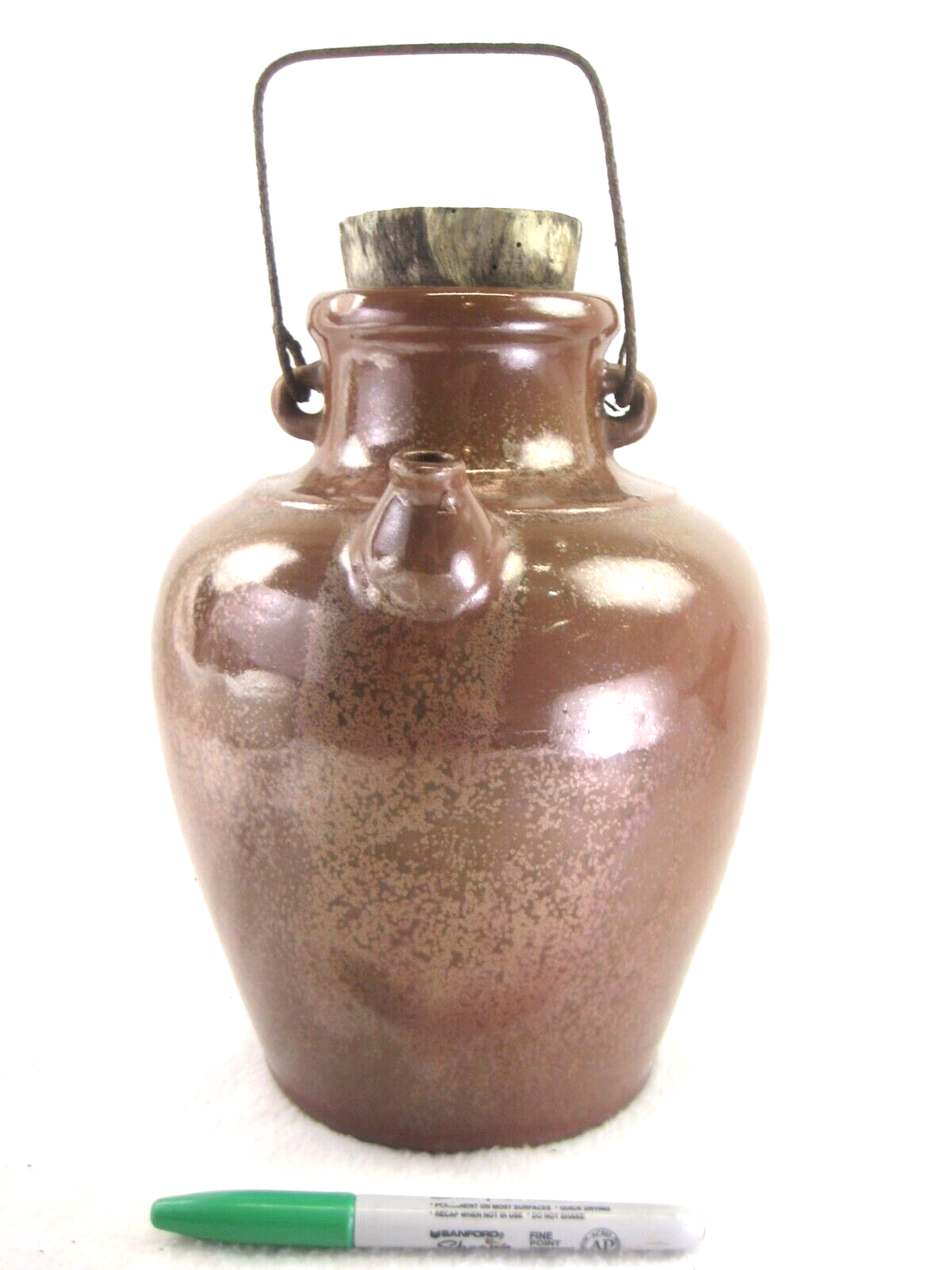 Antique Chinese (C1940) Large Brown Oil Jug With Original Wood Stopper 10.5"