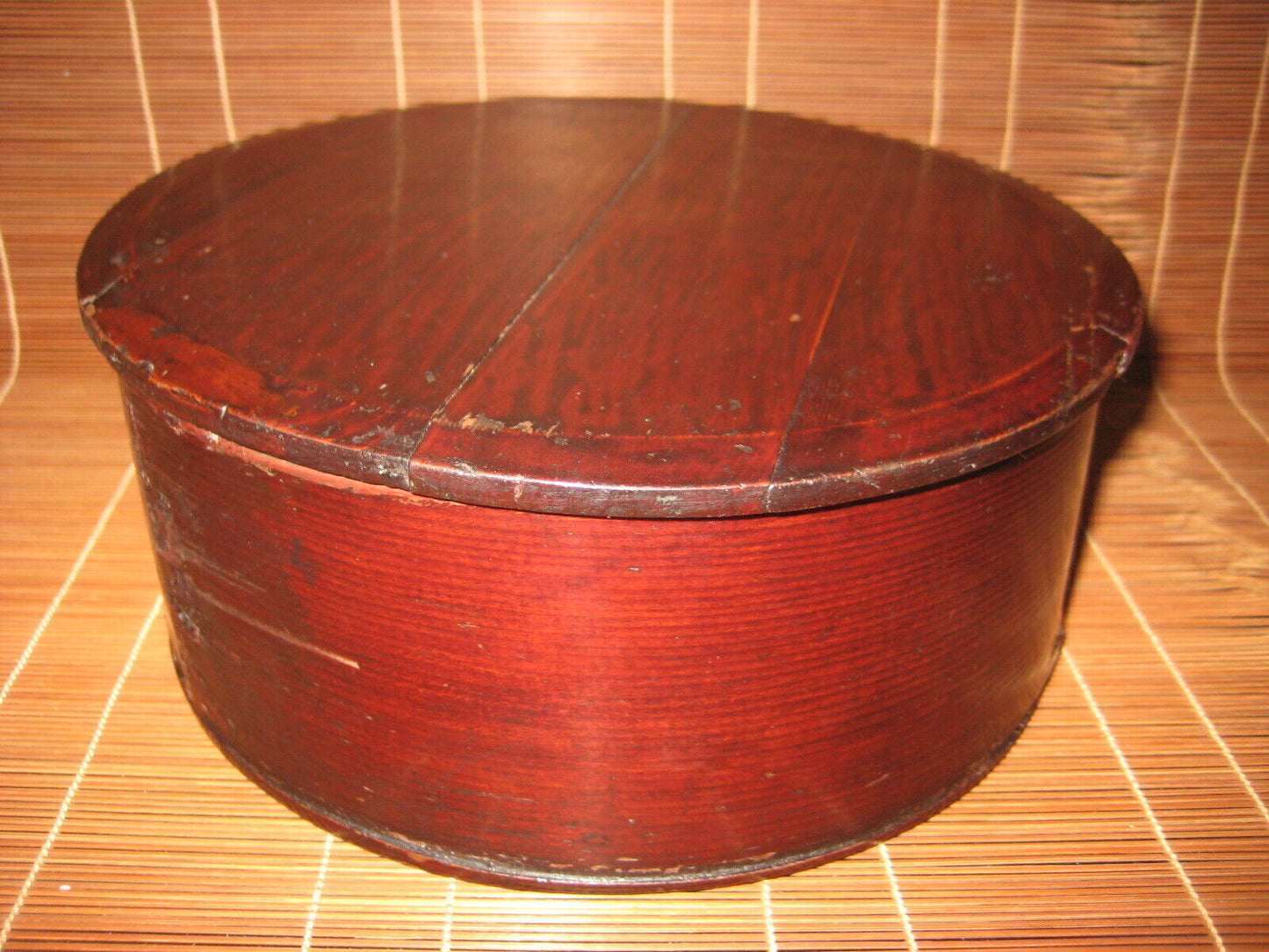 Antique Japanese Round Bent-Wood Sugi Box Red-Brown Lacquer Sushi Rice Bowl