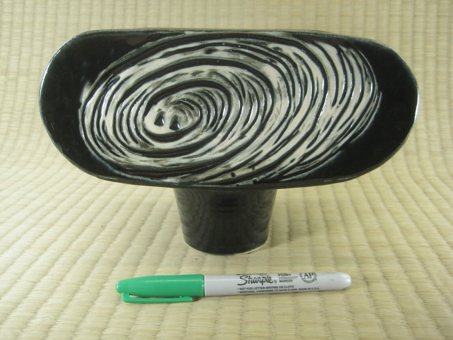 Japanese Ceramic Ikebana Vase With kenzan Flower Frog Attached Black & White 9"