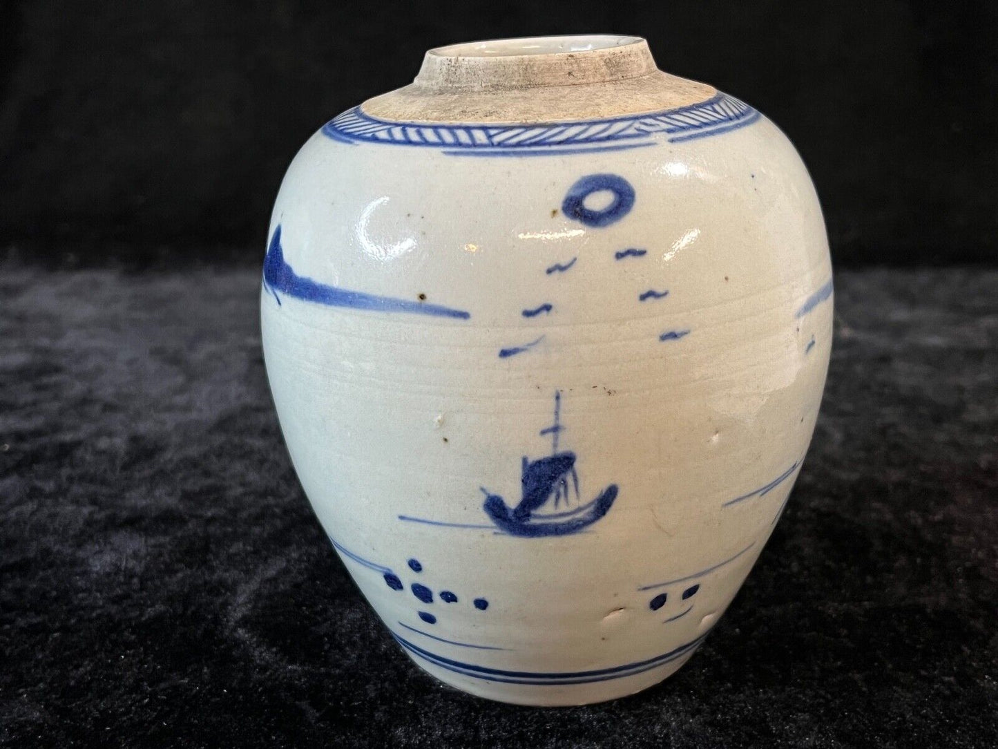 Antique Chinese Qing 19Th Century Cobalt Blue & White Jar Hand Painted 5.5"