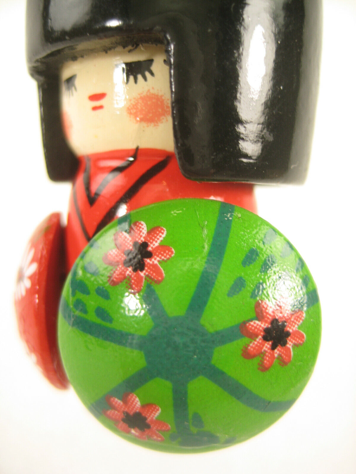 Japanese Hanging Kokeshi Ornement Red Kimono Green Hat Red Fan Tall Hair