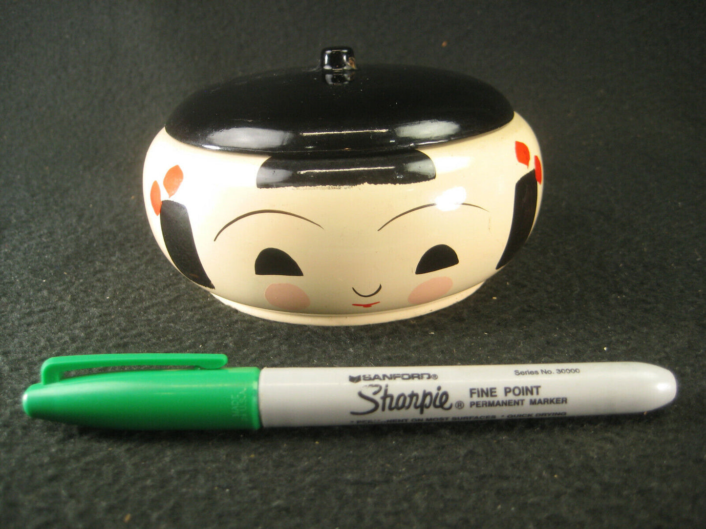 Wooden Laquer Kokeshi Head Box W/ Face Hand Painted & Lidded Cute Red Pink