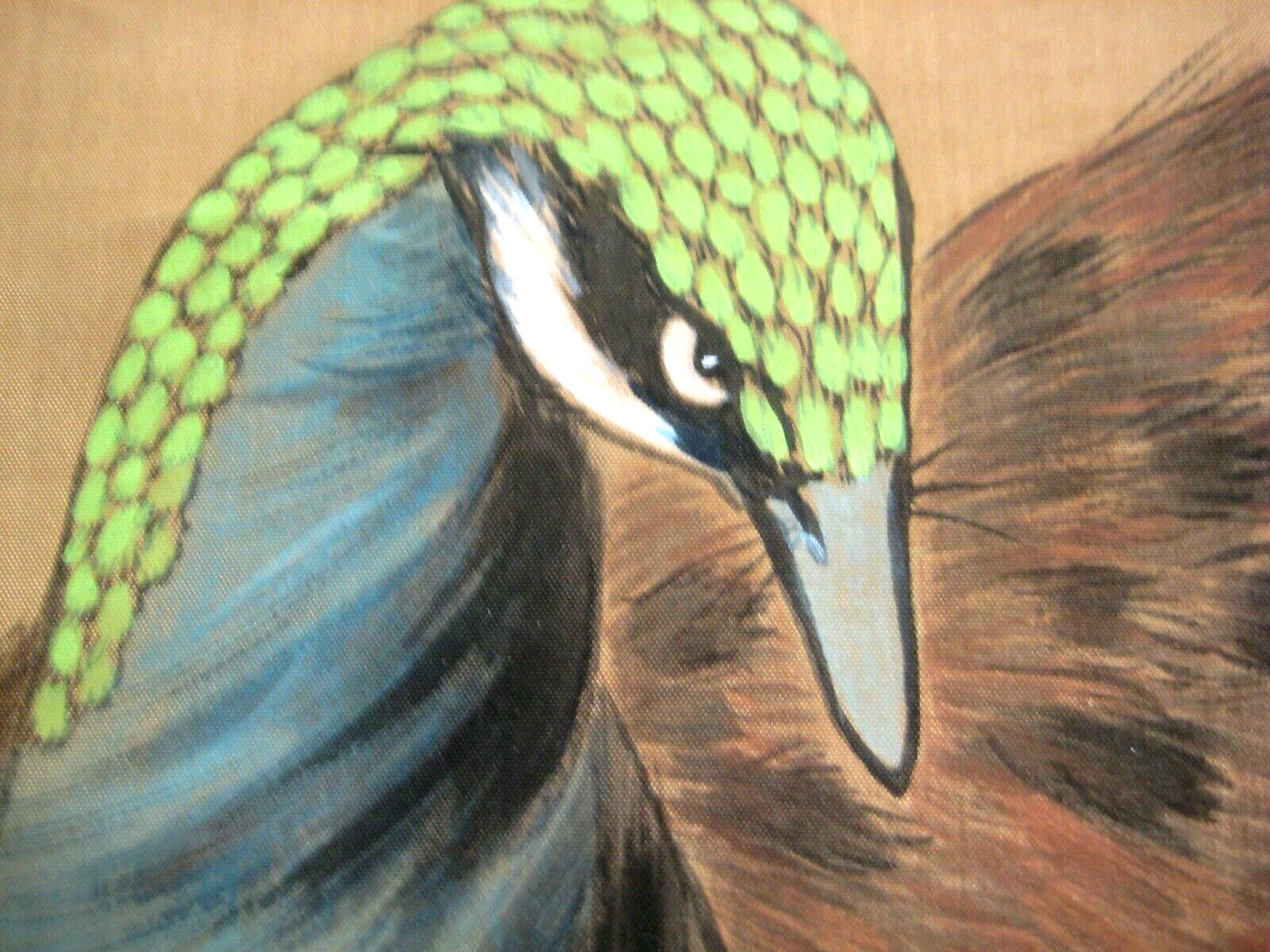 Vintage Japanese Scroll Peacock In Vivid Green & Blue Bird Painting Sumi 31X80"