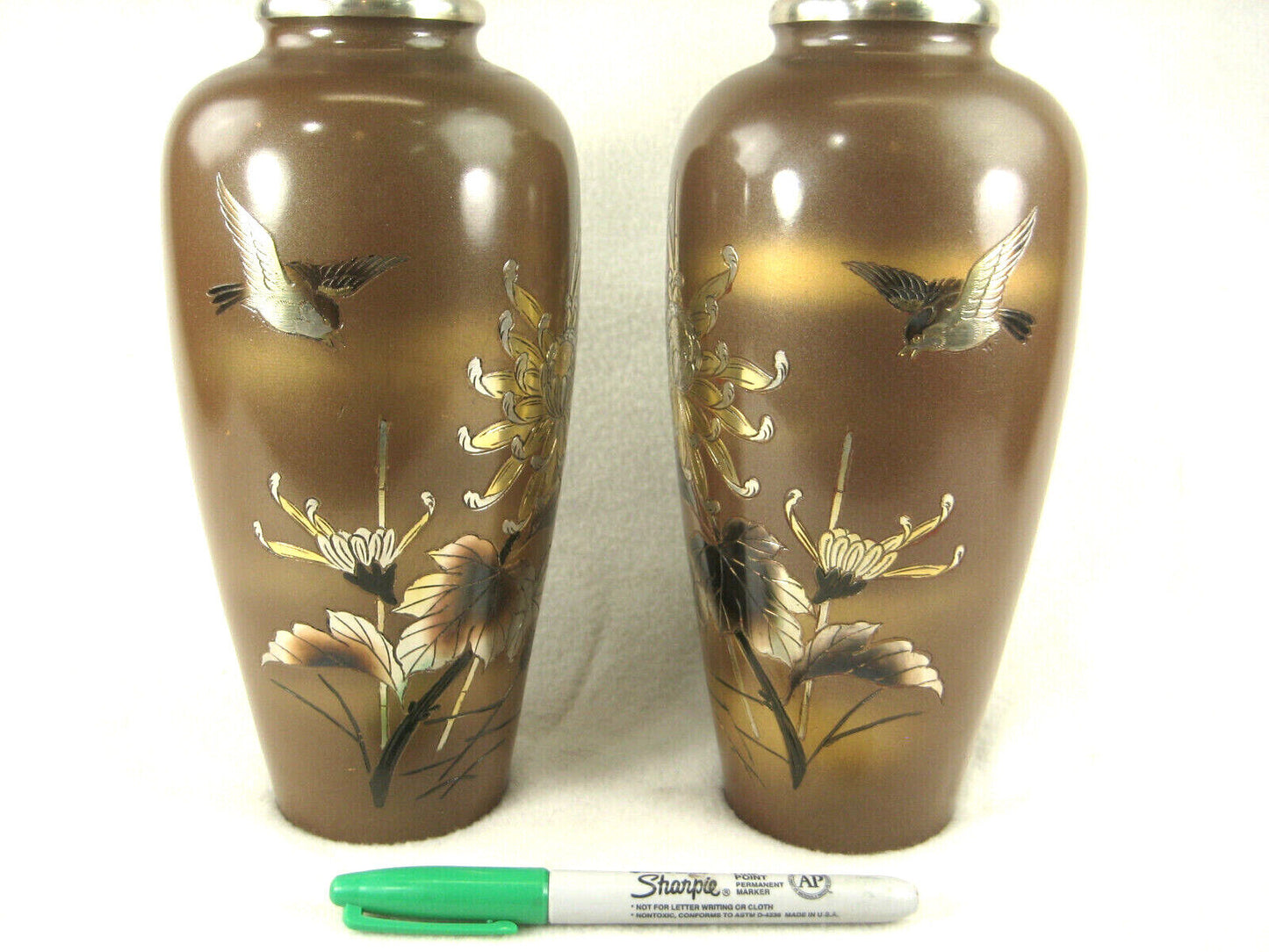 Vintage Pair of Chokin Enamel Vases W/ Gold & Silver Chrysanthemums & Birds 8"