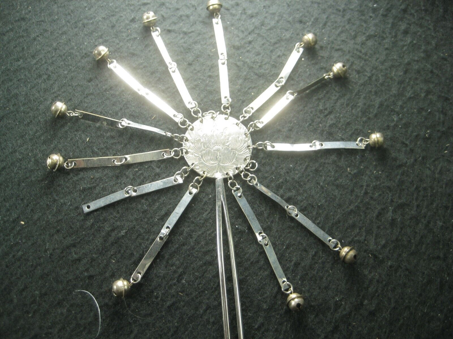 Vintage Japanese Birakanzashi Geisha Style Hairpiece Silver Peony Tassels 7"