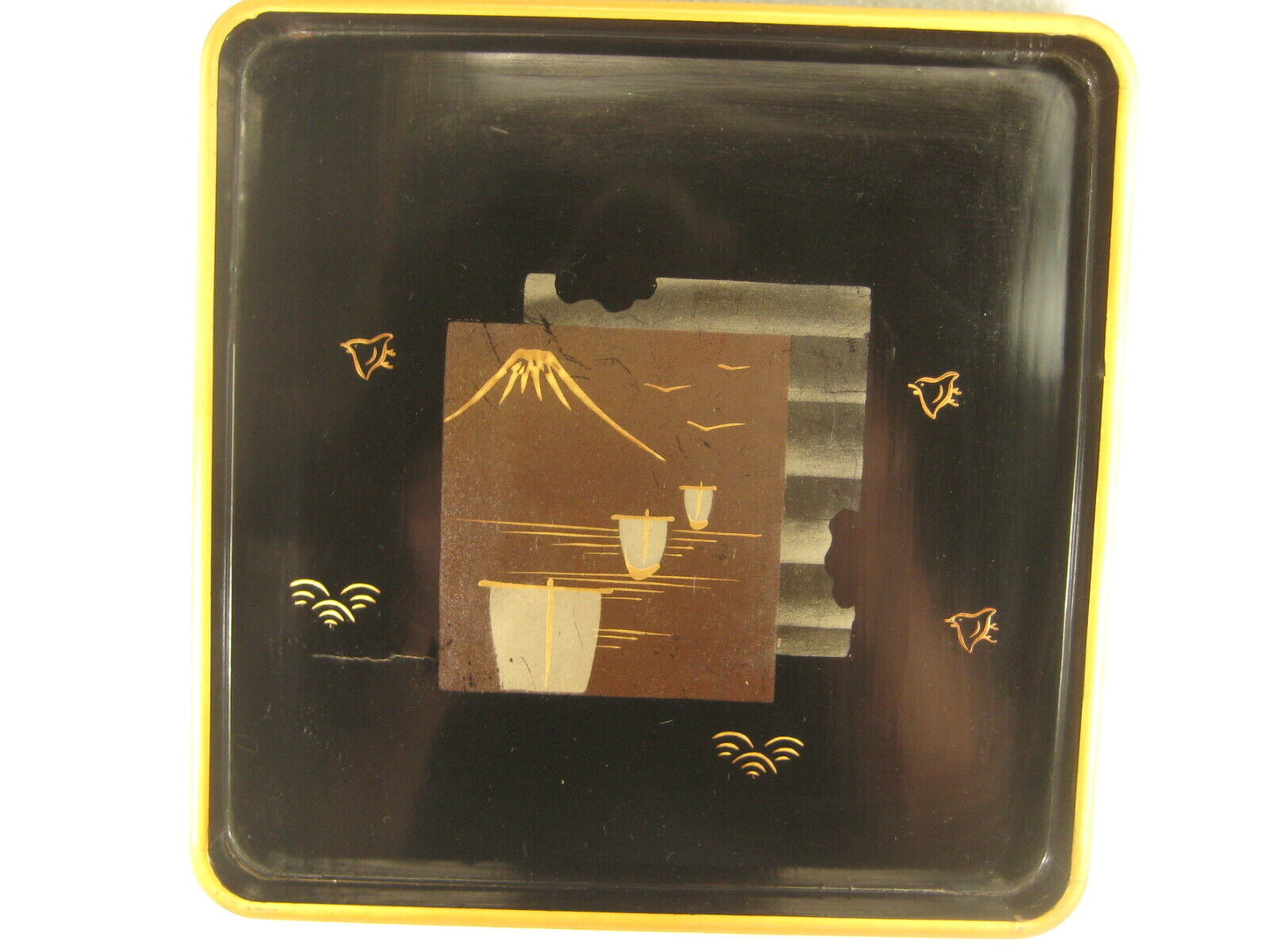 Antique Japanese (C.1920) Wood & Lacquer Obon Ozen Tray Makie Mt. Fuji