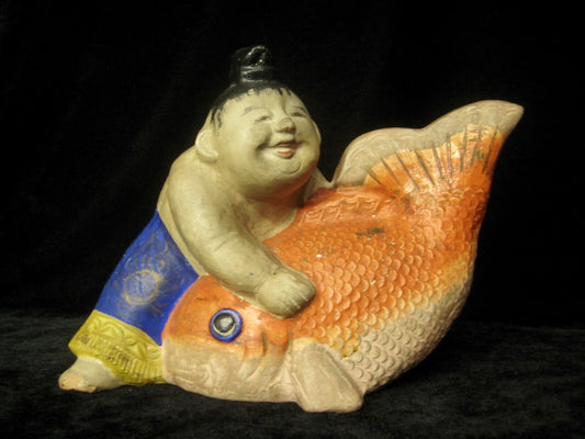 Vintage Japanese Kintaro Doll Ceramic Hand Painted Strong & Brave 8"H