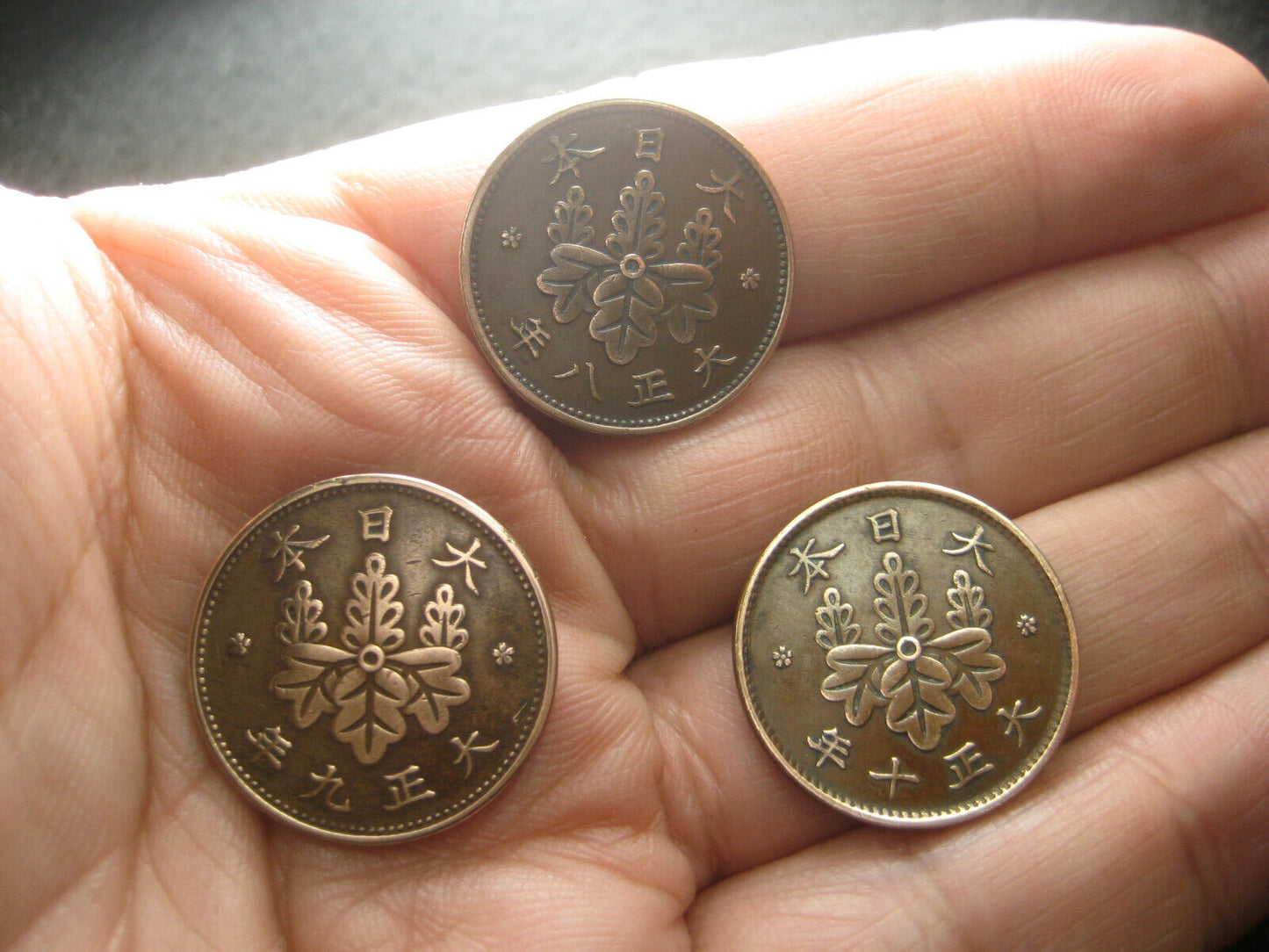 Japanese Coins 1919/20/21 Set Of 3 1 Sen Paulownia Crest Bronze Taisho 8 9 10