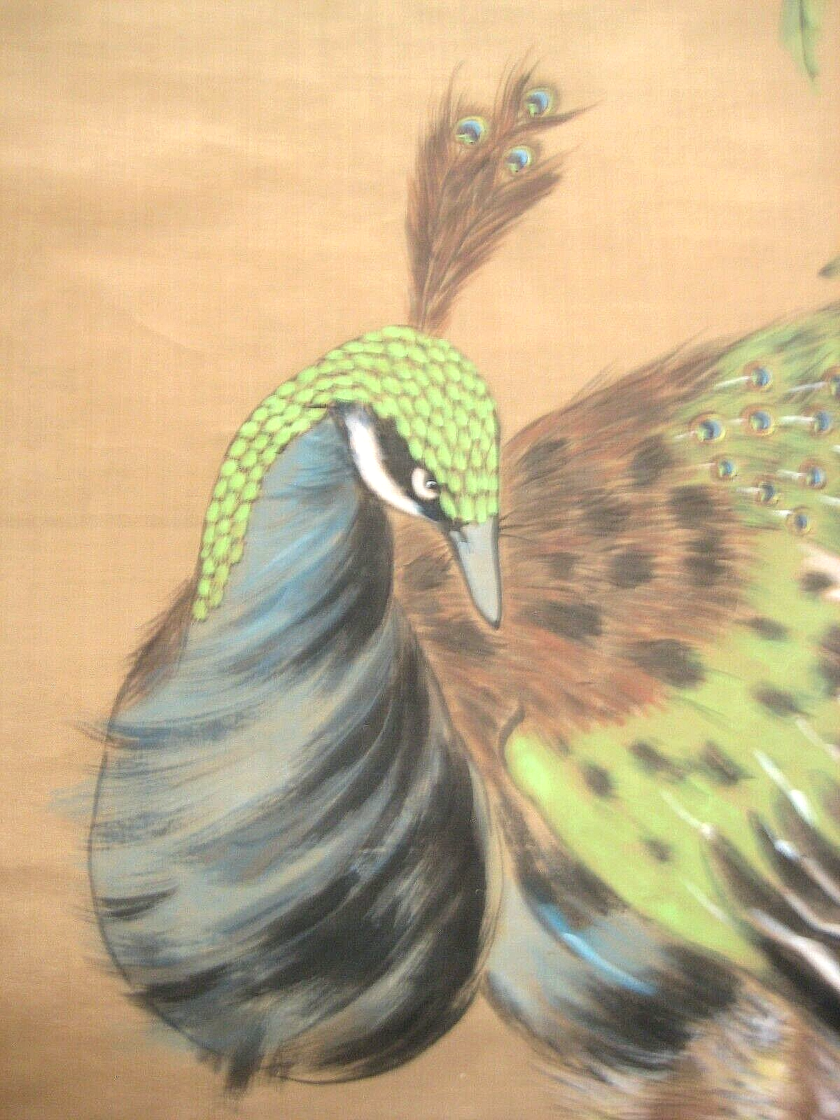 Vintage Japanese Scroll Peacock In Vivid Green & Blue Bird Painting Sumi 31X80"