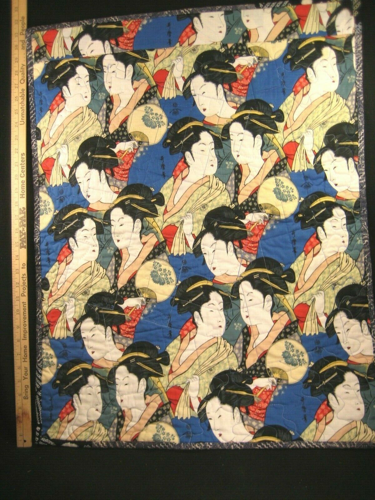 Vintage Japanese Printed Cotton Stiched Quilt Utamaro Courtesan Geisha Design