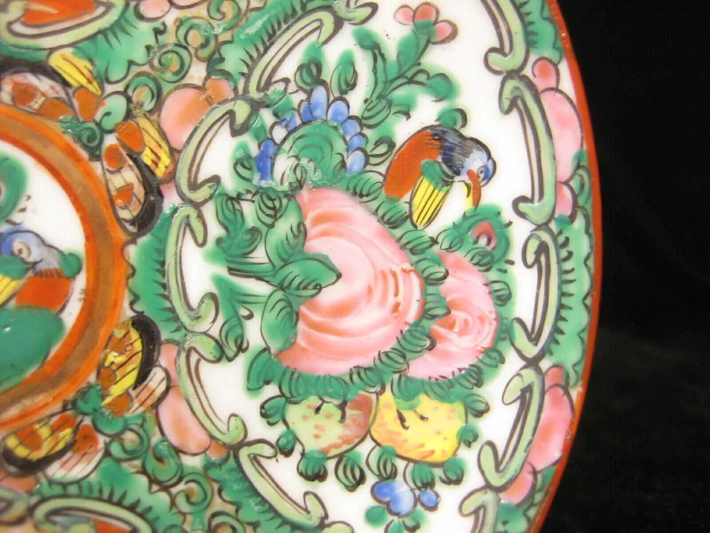 Vintage Chinese Ceramic Hand Painted Plate Dish Orange Green Birds & Flowers 5"