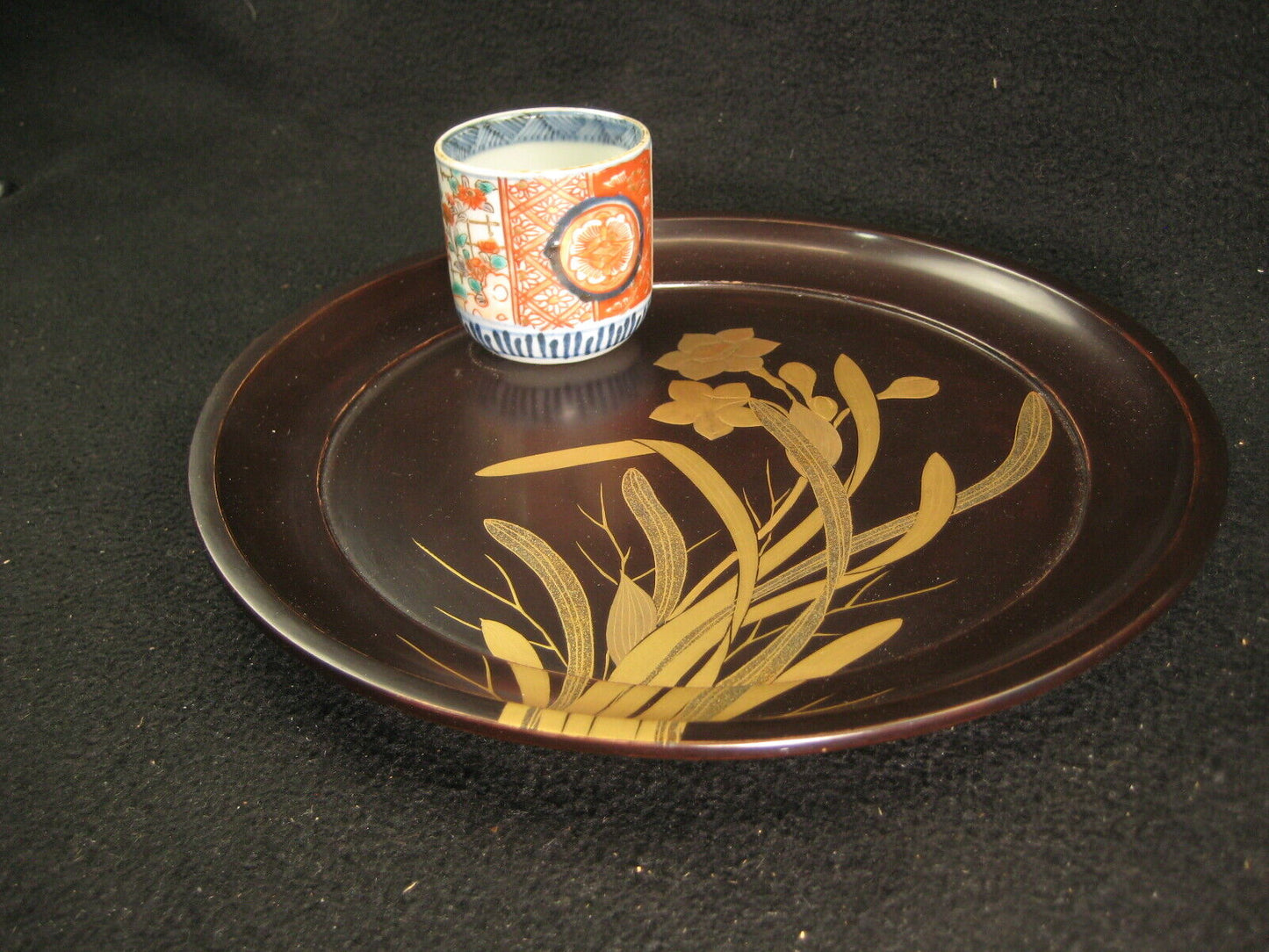 Antique Japanese (C. 1890) Lacquer Kashizara Appetizer Dish Plate Makie Floral