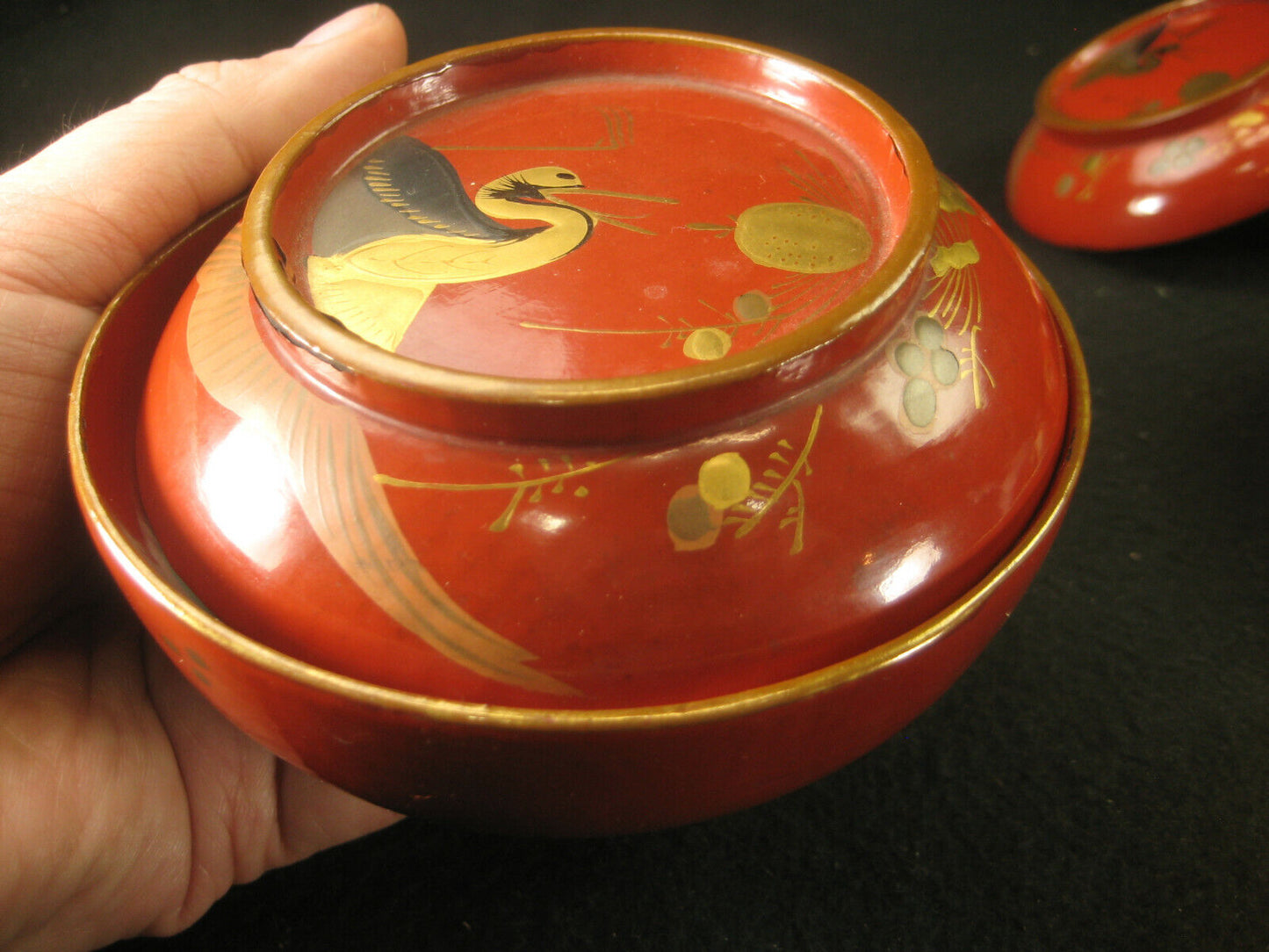 Antique Japanese Red Lacquer Lidded Bowl Hand Turned Crane & Plum Blossoms 4.5"