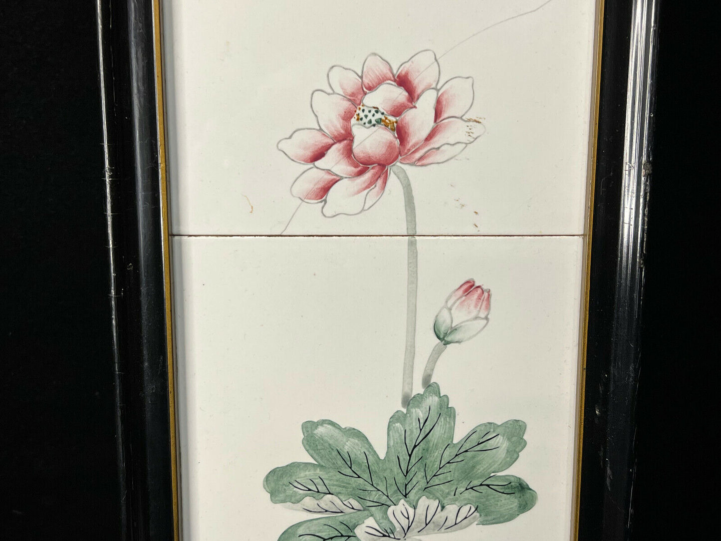 Vintage Japanese Hand Painted Tile Panels Framed Lotus Flowers 25" X 7"