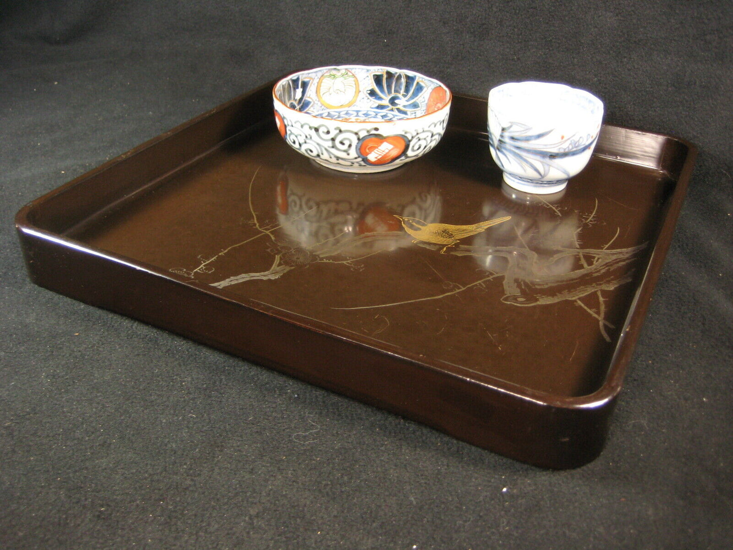 Antique Japanese Meiji Era (C.1890) Wood & Lacquer Obon Ozen Tray Plum & Bird