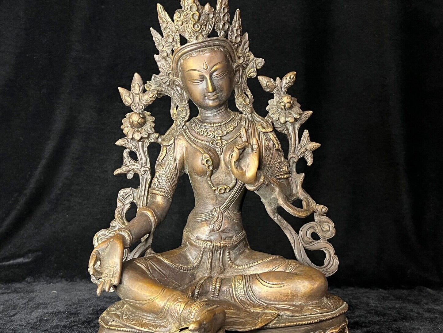 Vintage Tibetan Bronze Green Tara Statue Buddhist Goddess Of Compassion 14.5"H
