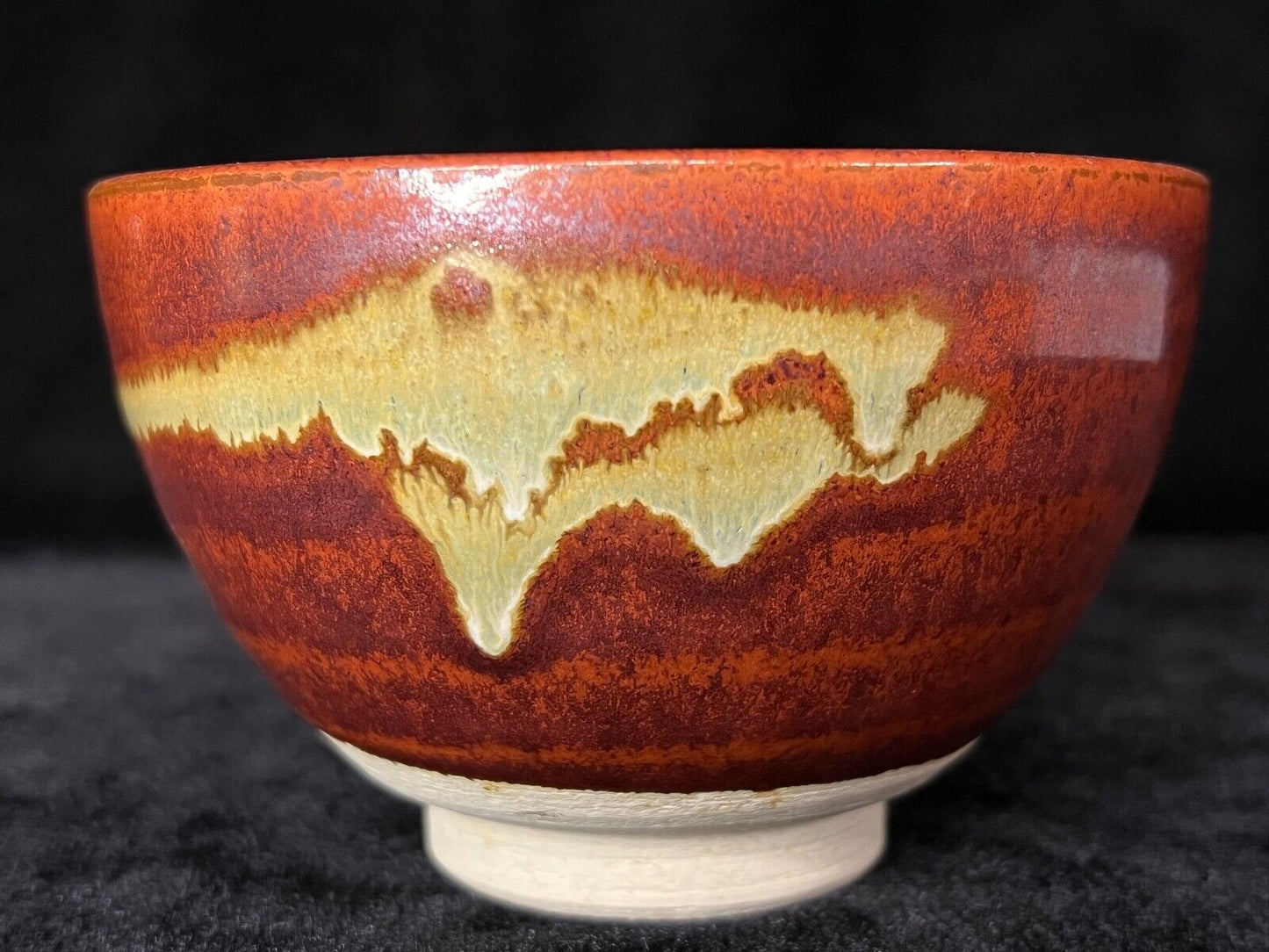 Vintage Japanese Tea Ceremony Ceramic Chawan Tea Bowl Rich Red Glaze Drip 5"