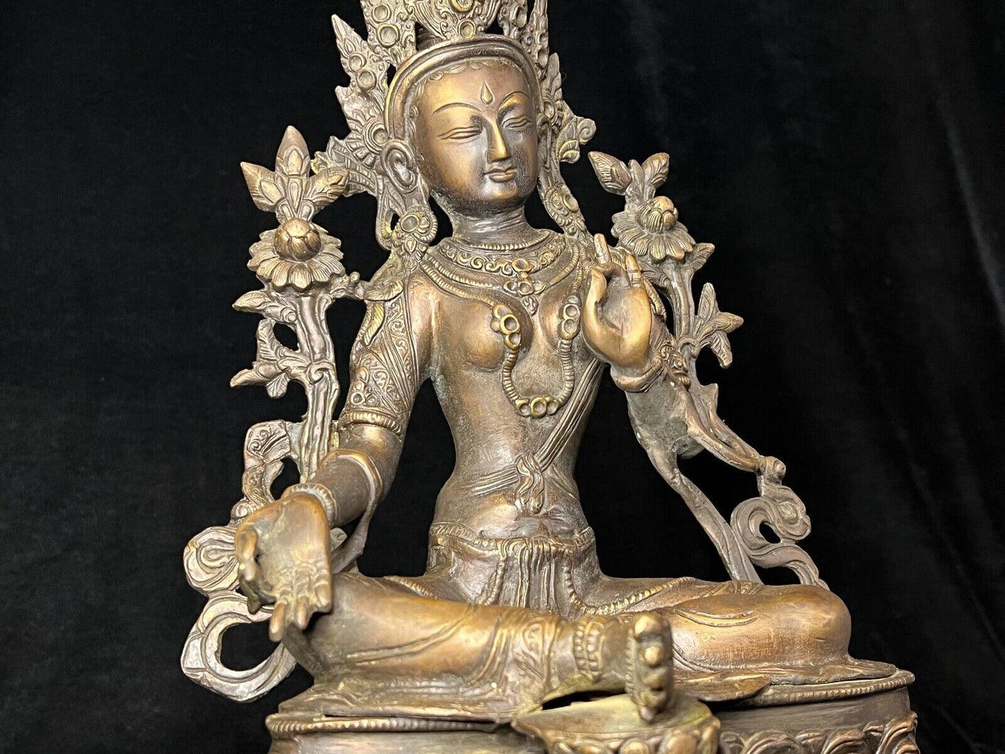 Vintage Tibetan Bronze Green Tara Statue Buddhist Goddess Of Compassion 14.5"H