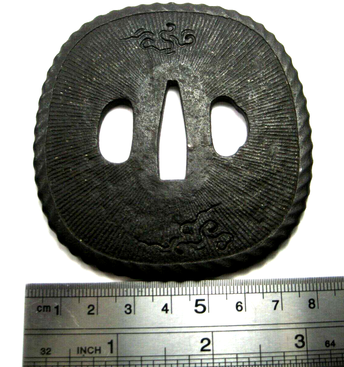 Antique Japanese Samurai Iron Tsuba Sword Hilt Bores Eye & Clouds Etched