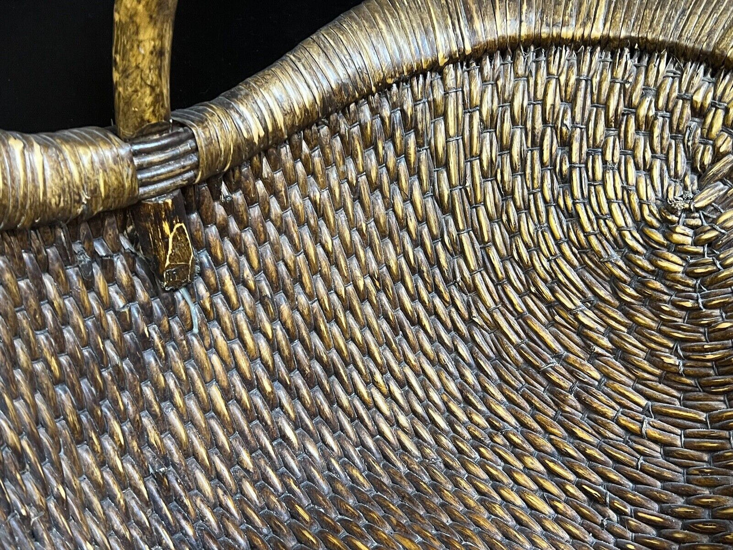 Antique Chinese c1900 Late Qing Hand Made Bamboo Rice Basket With Handle 22"L