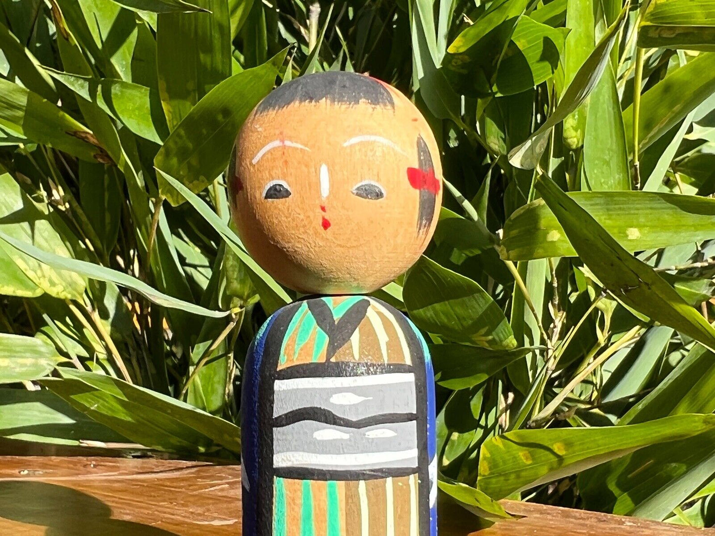 Vintage Japanese Kokeshi Wooden Doll Prince In Bamboo Kimono 2.75"