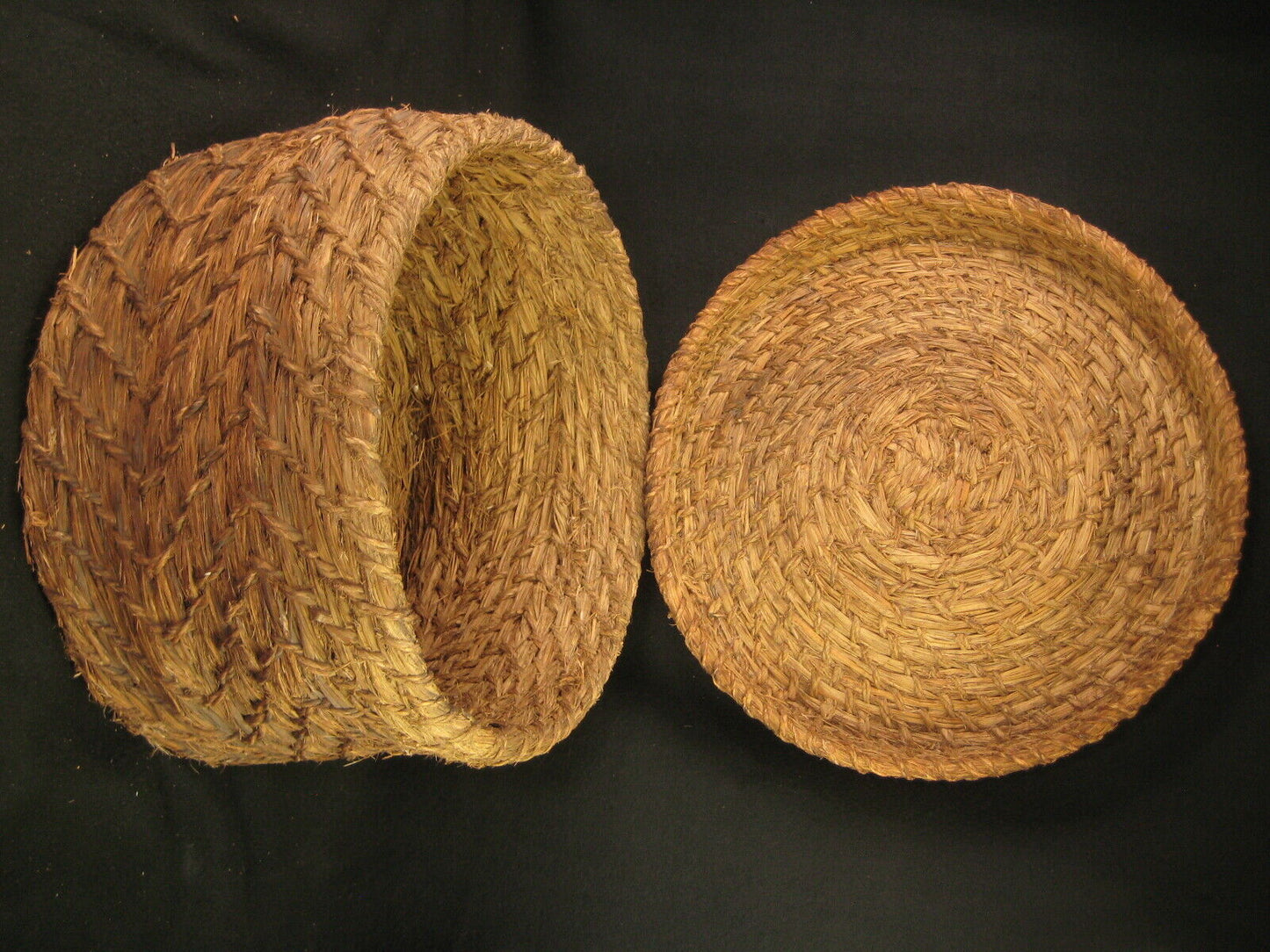 Antique Japanese Taisho Era (C. 1920) Rope Weave Kago Lidded Storage Basket