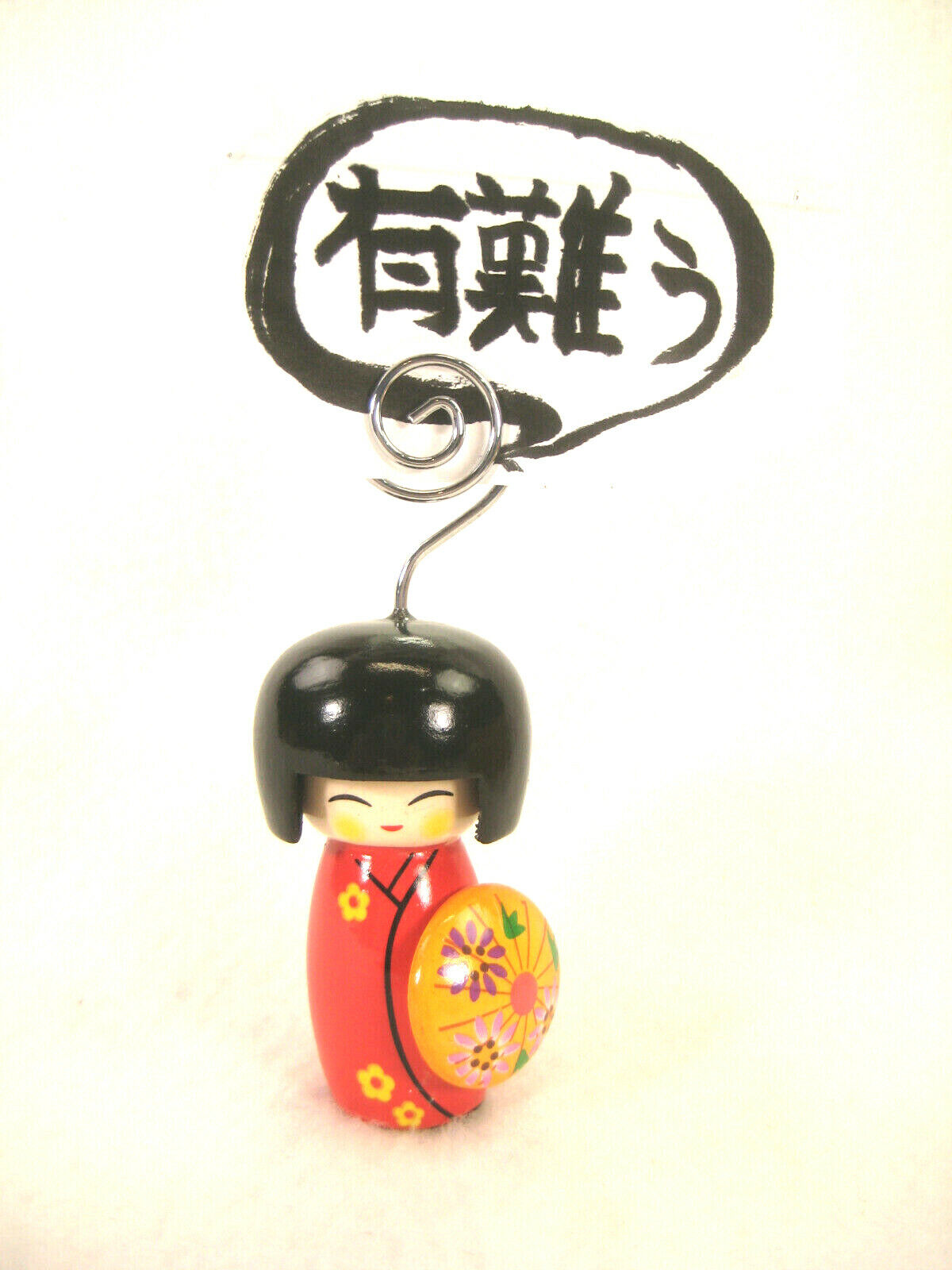 Japanese Kokeshi Note Holder Wooden Doll Hand Painted Red Kimono W/ Orange Hat