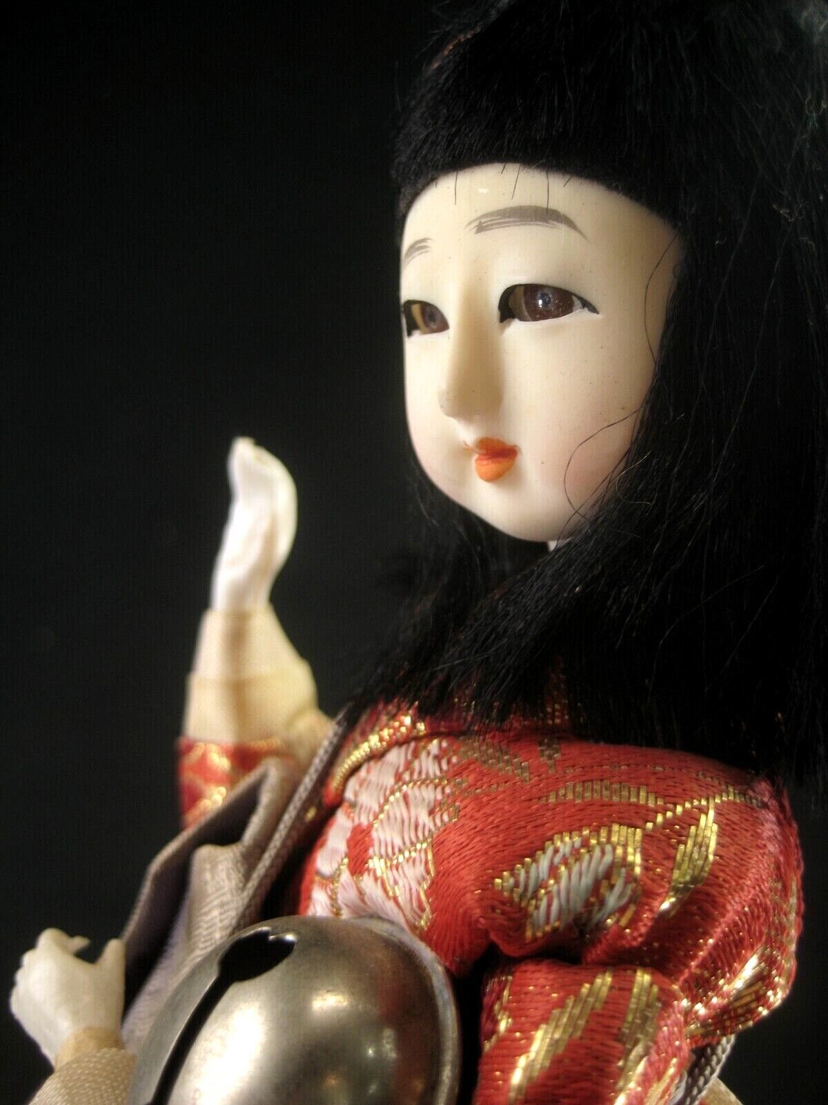 Vintage Japanese Geisha Doll W/ Bell In Red & White Sakura Kimono 11"