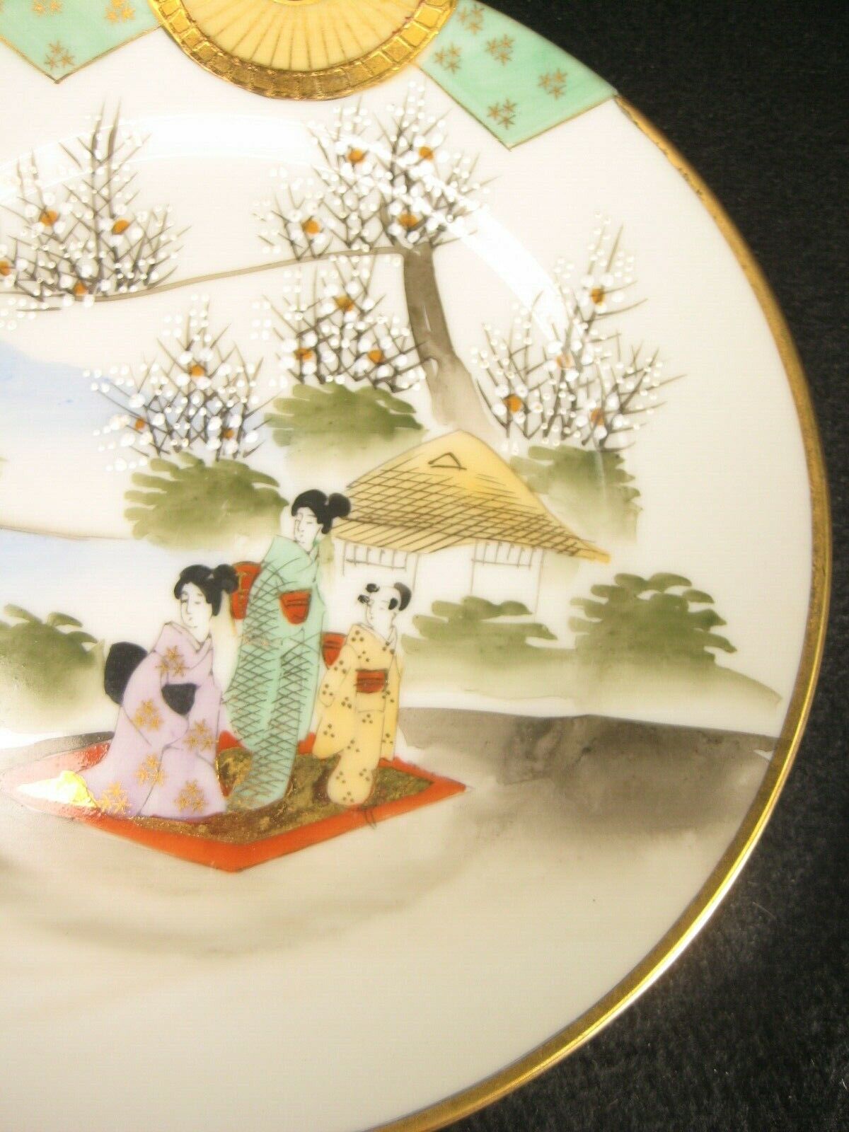 Antique Japanese Meiji Era c.1930 Small Signed Ceramic Plate Dish Geisha Scenic 7"