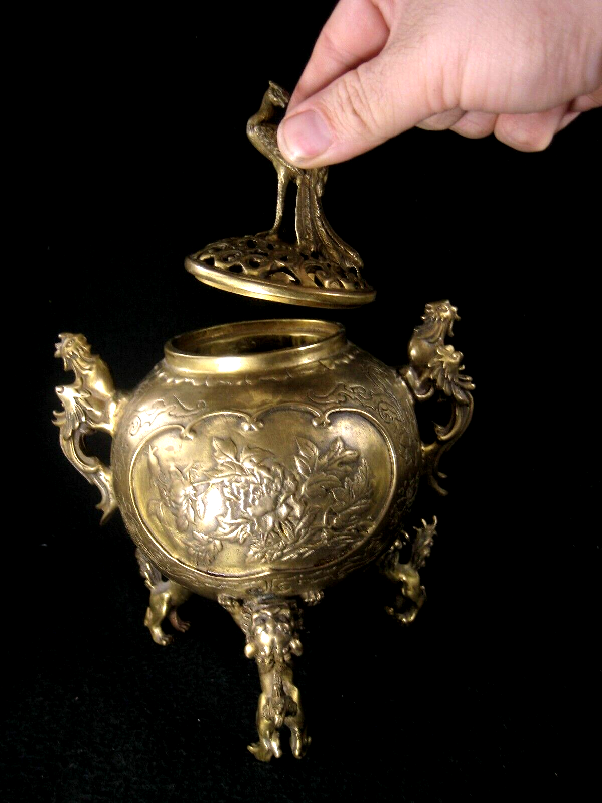 Chinese Bronze Koro Incense Burner W/ Peacock Foo Dogs Roosters & Peony 8H"