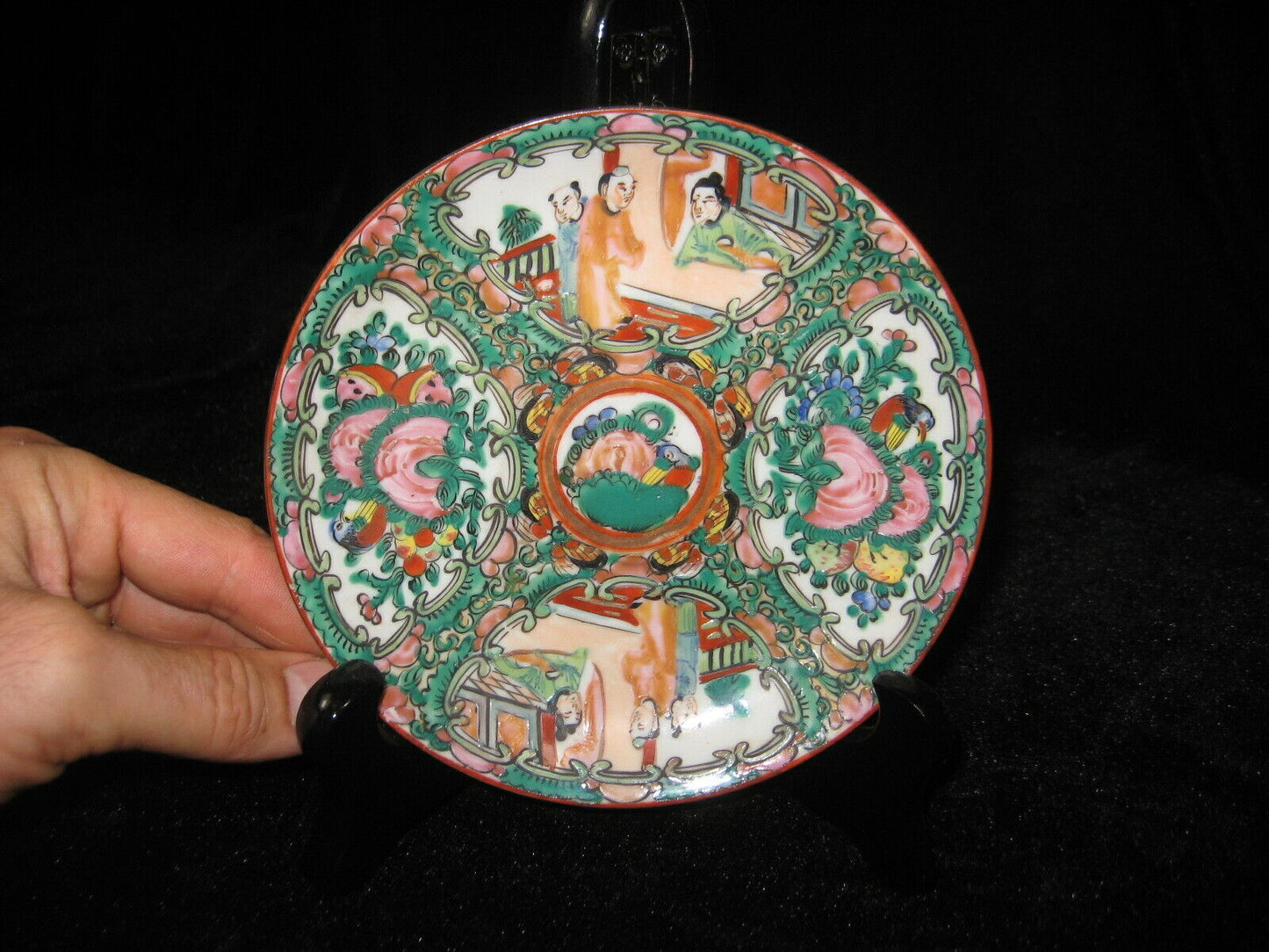 Vintage Chinese Ceramic Hand Painted Plate Dish Orange Green Birds & Flowers 5"