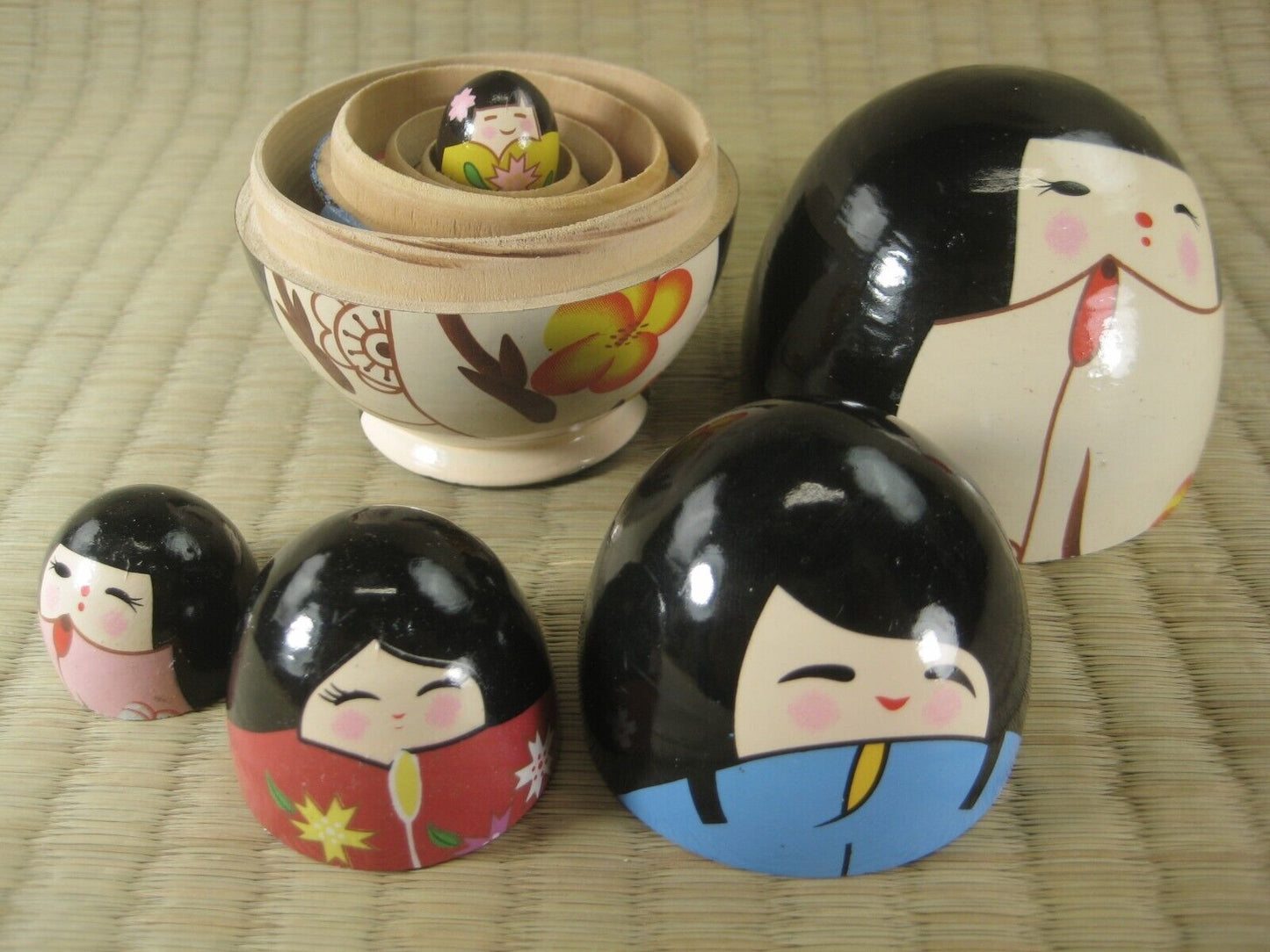 Set Of 5 Japanese Kokeshi Wooden Nesting Dolls In Floral Kimono Matryoshka 10"
