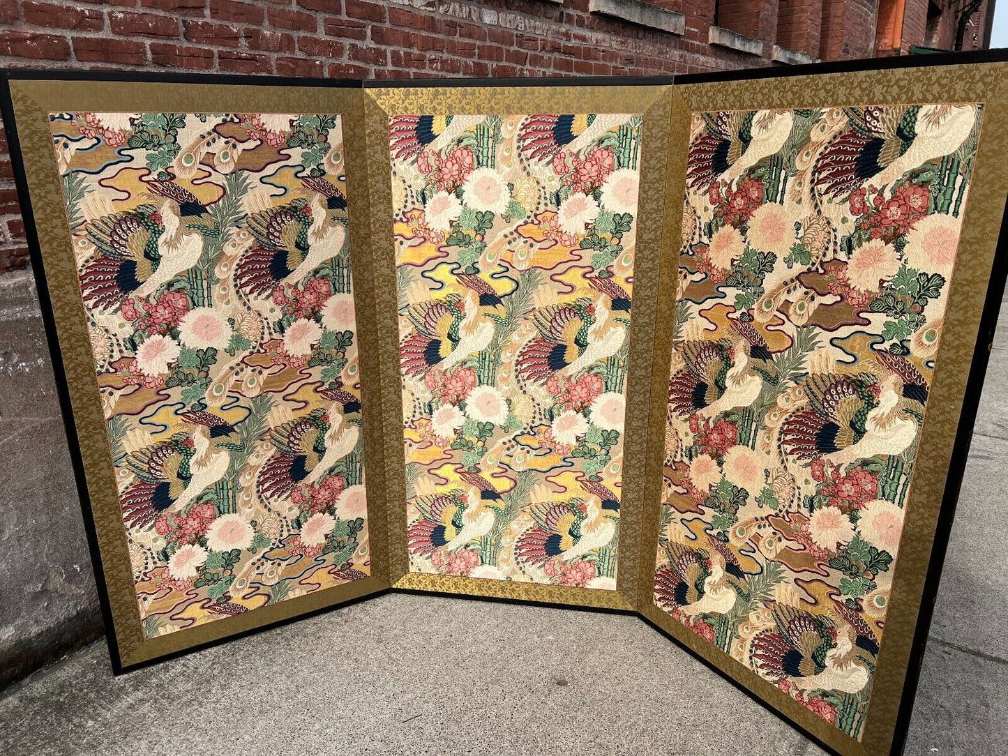 Antique Japanese Silk Obi Framed Into a 3 Panel Screen Wall Hanging Phoenix Motif 58"H