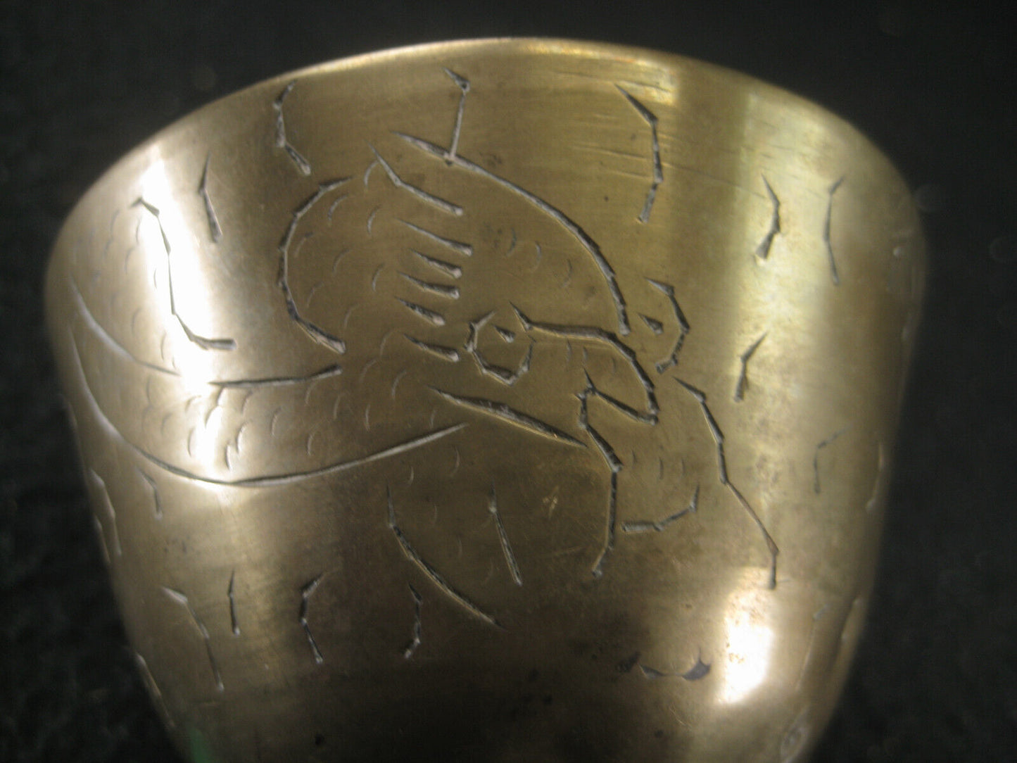 Vintage Chinese Bronze Small Hand Turned Singing w/ Etched Dragon Bowl 3"