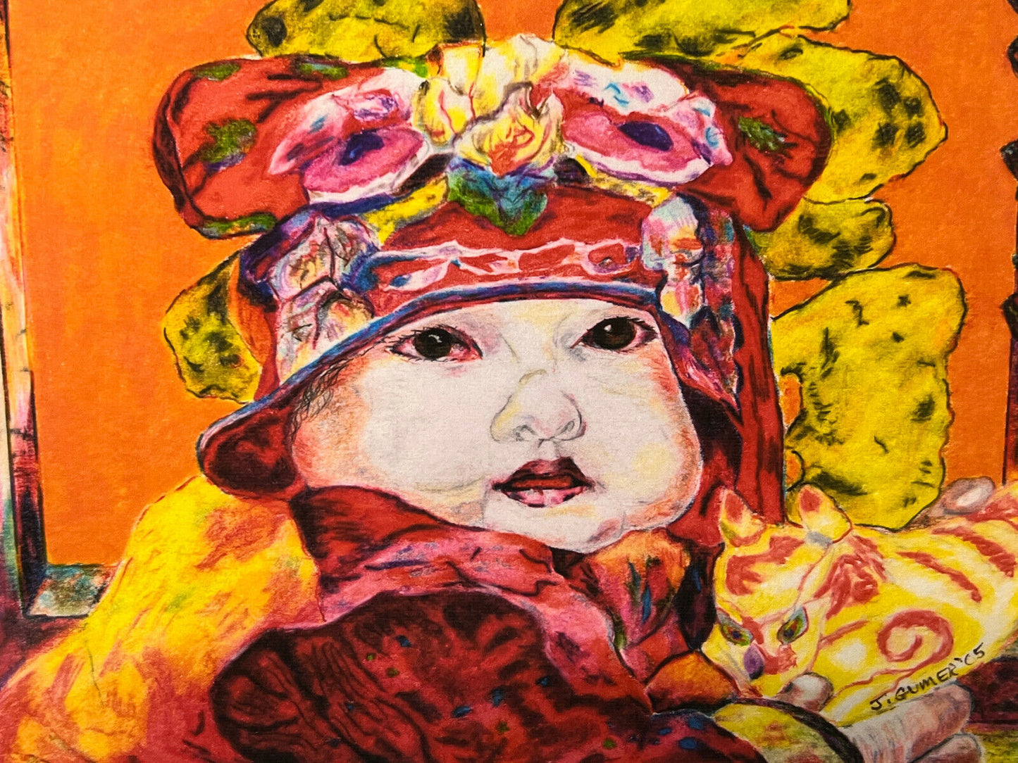 Framed Print of Baby with Colorful Bows by J. Gumer 16.5" x 13.5" Framed