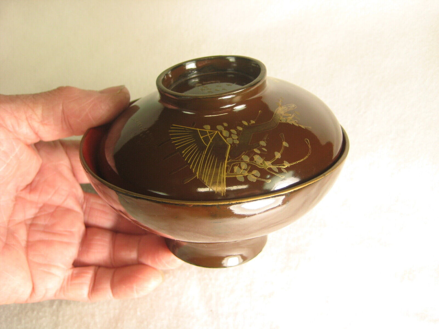 Antique Japanese Meiji Era (C.1880) Lacquer Wooden Lidded Soup / Rice Bowl Makie