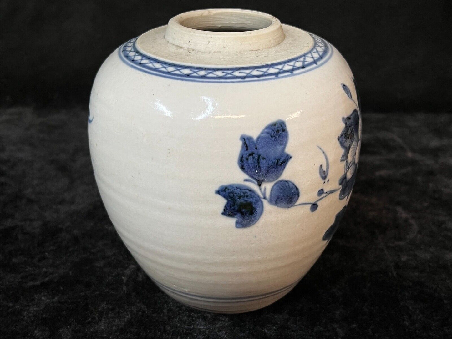 Antique Chinese Qing 19Th Century Cobalt Blue & White Jar Peonies 5.5"