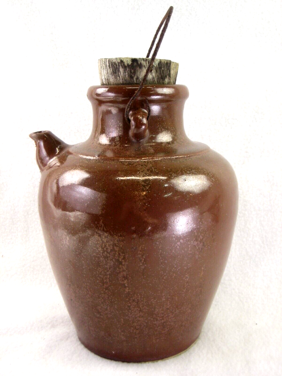 Antique Chinese (C1940) Large Brown Oil Jug With Original Wood Stopper 10.5"